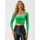 thumbnail image 3 of Disfraz de navidad Top corto de terciopelo con hombros descubiertos y manga larga para mujer Verde XS, 3 of 6