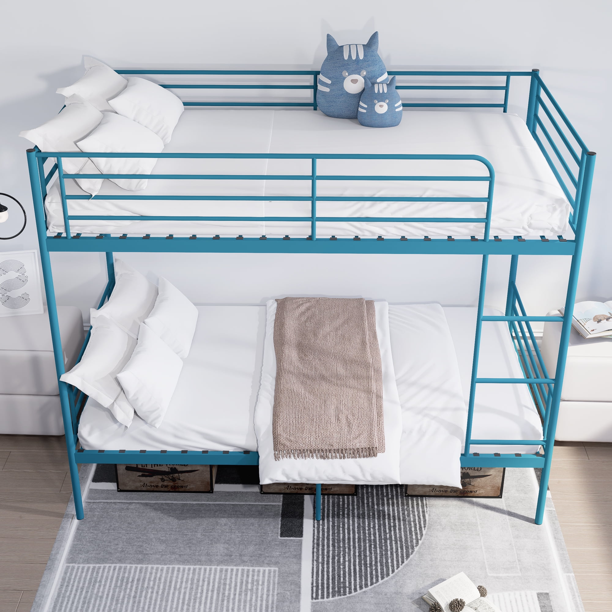 Aisword Twin Over Twin Bunk Bed,Metal Bunk Bed with Built-in Ladder & High Guardrails,Convertible 2 Twin Beds,No Box Spring Needed,Noise-Free,Blue