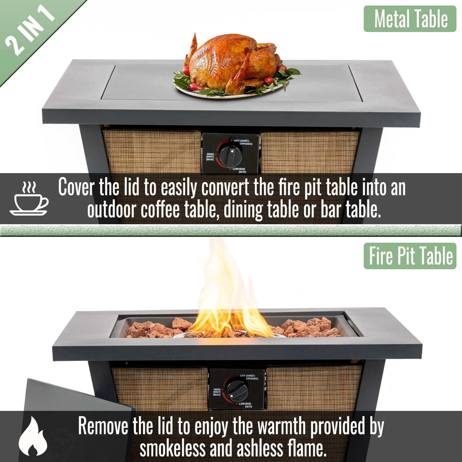 E-Western 28-Inch Propane Fire Pit Table with 50000 BTU Square Steel Fire Pit for Outdoor Patio Garden Courtyard Black+Brown