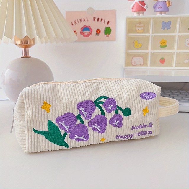 1pc Estuche Para Lápices De Gran Capacidad Y Diseño Simple, Con Lindo Patrón Bordado Y Material De Pana Multifuncional, Muy Adecuado Para El Almacenamiento De Material Escolar De Los Estudiantes