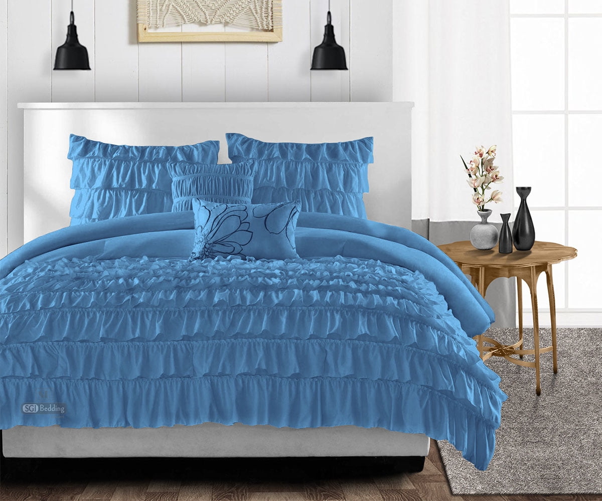 Super King Plus Comforter Multi Ruffle Mediterranean Blue 300 GSM Plush