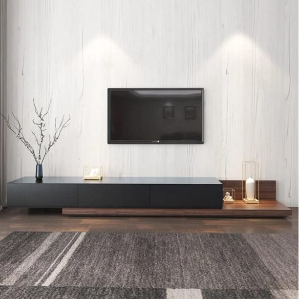 Modern Black Wood TV Stand, Retractable Media Console for up to 85 Inch TV, 3 Drawers, Walnut