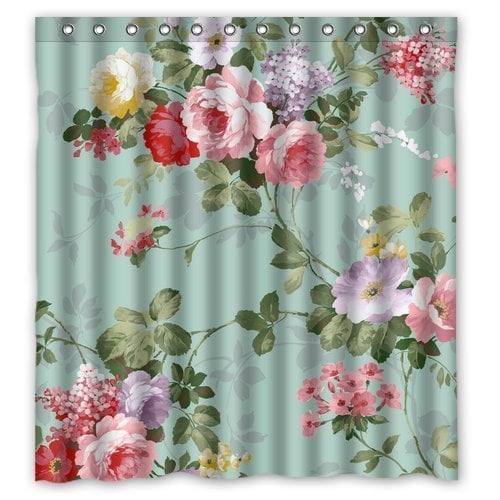 GreenDecor Mint Green Floral Waterproof Shower Curtain Set with Hooks