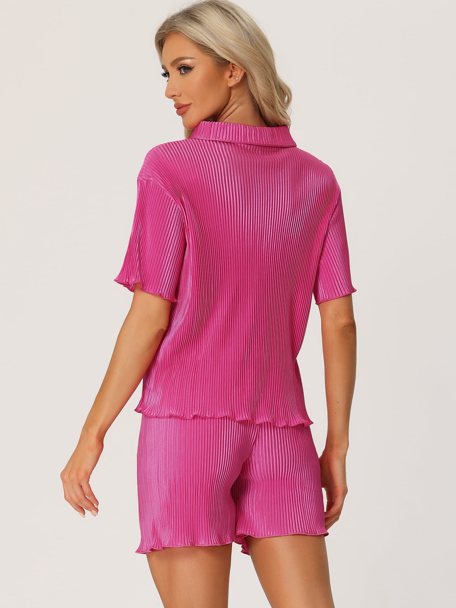 DARING DIVA Women's 2-Piece Short Sleeve Button Down Shirt and Shorts Set S Hot Pink