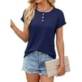 thumbnail image 4 of Hibeli Women's Round Neck Button Down Short Sleeve Solid Color Summer T-Shirt, 4 of 7