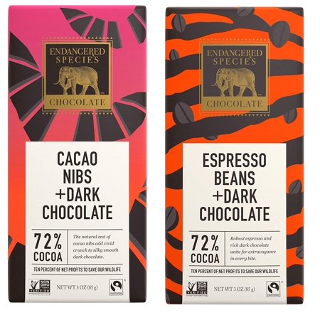 Endangered Species Chocolate Bar Mix Espresso beans and Cacao Nibs in Dark Chocolate 72% Cocoa  3 Oz  2 Ct