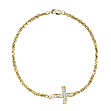Simply Gold 10kt Yellow Gold Sideways CZ Cross Bracelet, 7.5