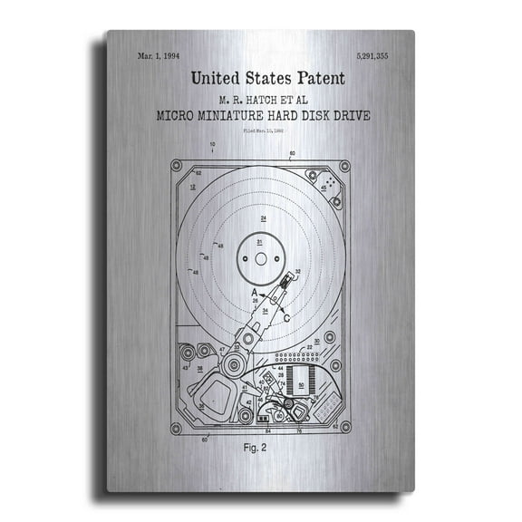 Luxe Metal Art 'Hard Disk Drive Blueprint Patent White' Metal Wall Art, 12"x16"