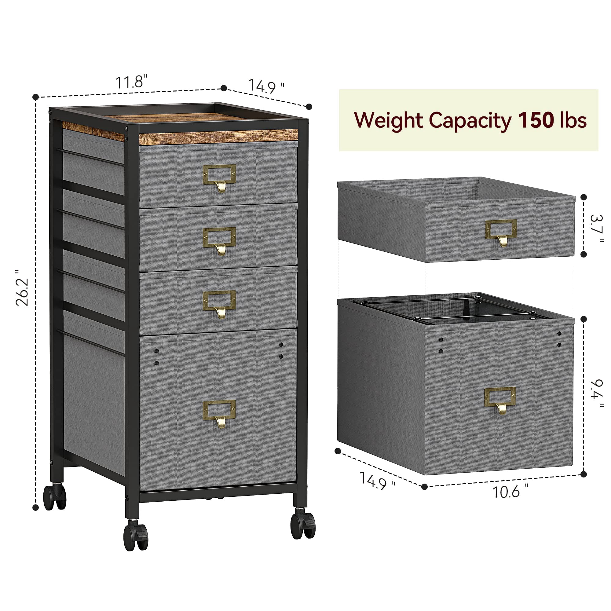 File Cabinet with Drawers, Mobile Filing Cabinet Rolling Printer Stand Fits A4 or Letter Size, Fabric Vertical File Cabinet with Wheels, Under Desk Storage Cabinet for Home Office