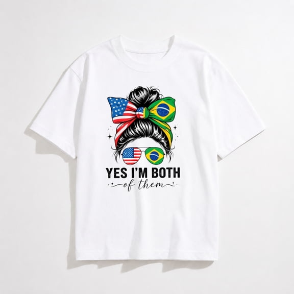 Women’s USA Brazil Flag Messy Bun Graphic T-Shirt, Patriotic Bow Print Short Sleeve Casual Summer Tee