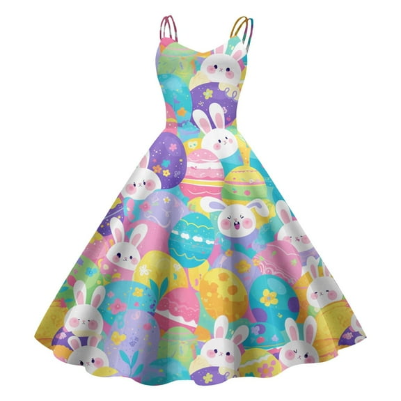 Women's Retro Easter Print Dress Sexy Style A Line Swing Dress With Side Zipper For Party Vacation And Casual Wear