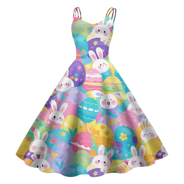 WILLBEST Vestidos De Lino Para Mujer, Vestido Con Estampado Retro De Pascua Para Mujer, Estilo Belleza, Vestido De Corte A Con Cremallera Lateral Para Fiestas, Vacaciones Y Ropa Informal.