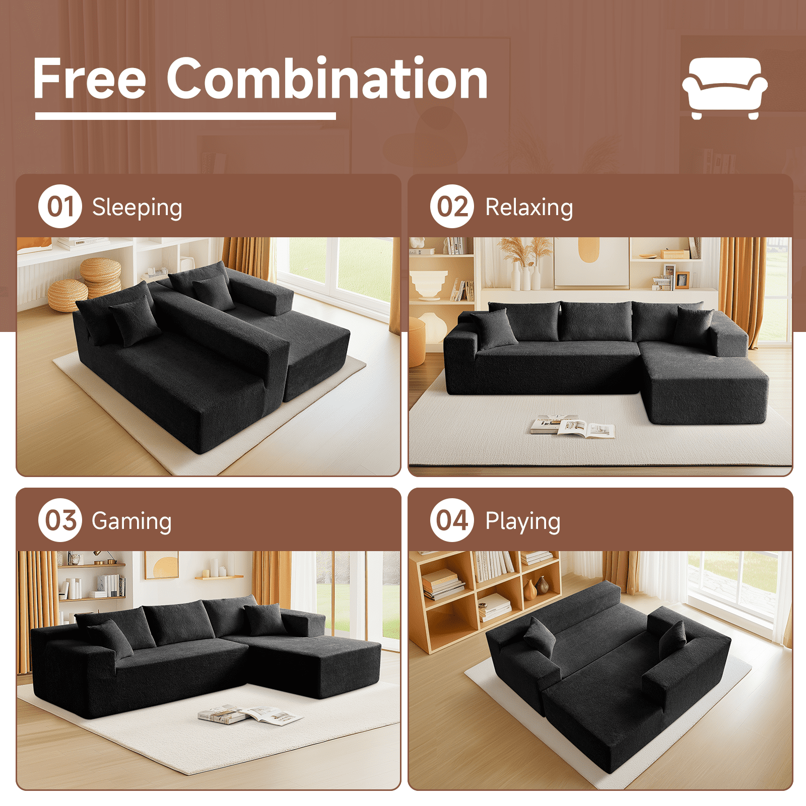 104" Sectional Sofa, L-Shaped Modern Modular High-Density Sponge Corner Sofa with Chaise Lounge & Pillows, Upholstered Cloud Couch for Living Room Bedroom Apartment