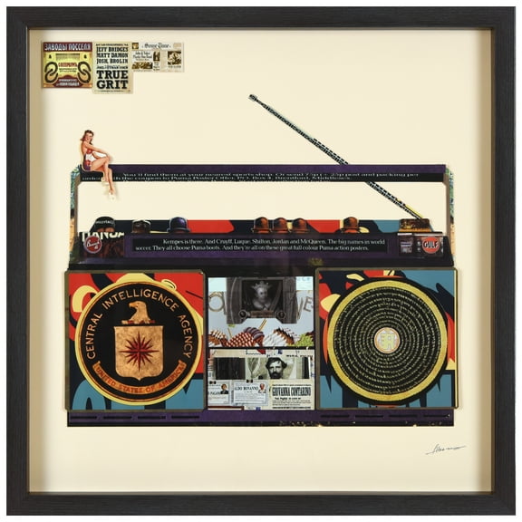 "CIA Boombox" Alex Zeng’s dimensional collage, under glass & a black shadow box frame