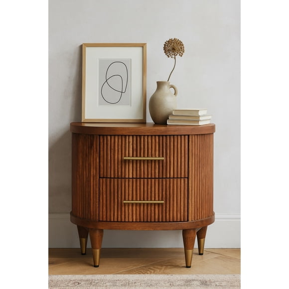 Artisan Furniture Solid Wood Ribbed Bedside with Brass Accents