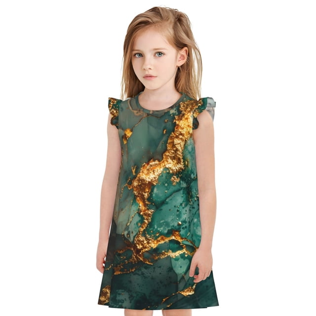 Fotbe Emerald Color Gold Marble Vestido de Dormir para Niñas de 3 a 10 Años, Mangas Cortas, Estilo Princesa, Pijama Camisón con Mangas Voladas-X-Large