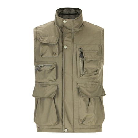 HOOMEUMY Men s Multi-Pocket Utility Vest Fishing Hiking Camping Work Vest Outdoor Sleeveless Jacket with Zipper Pockets for Travel Daily Wear Khaki L
