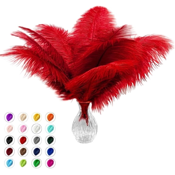 Piokio 40pcs Natural Red Ostrich Feathers 10-12 inch (25-30cm) Bulk Feathers for Wedding Party Centerpieces, Home Decoration and DIY Clothing, Gatsby Decorations