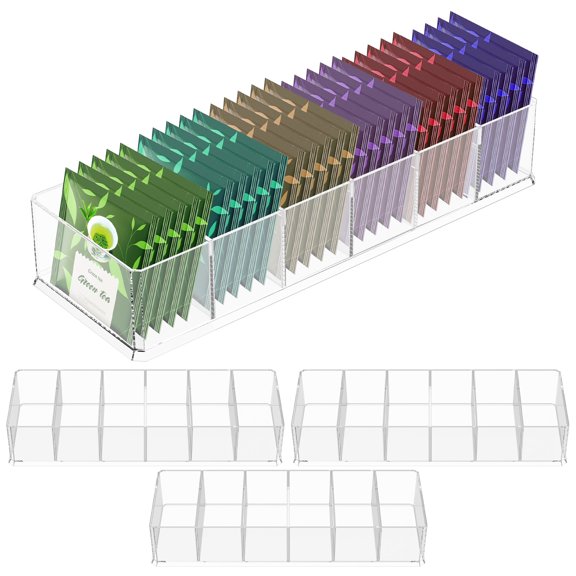 LINFANG 4 Pcs Clear Tea Bag Organizer with 5 Removable Dividers Small Tea Packet Storage Box for Drawer Countertop Pantry Kitchen Cabinet Shelf