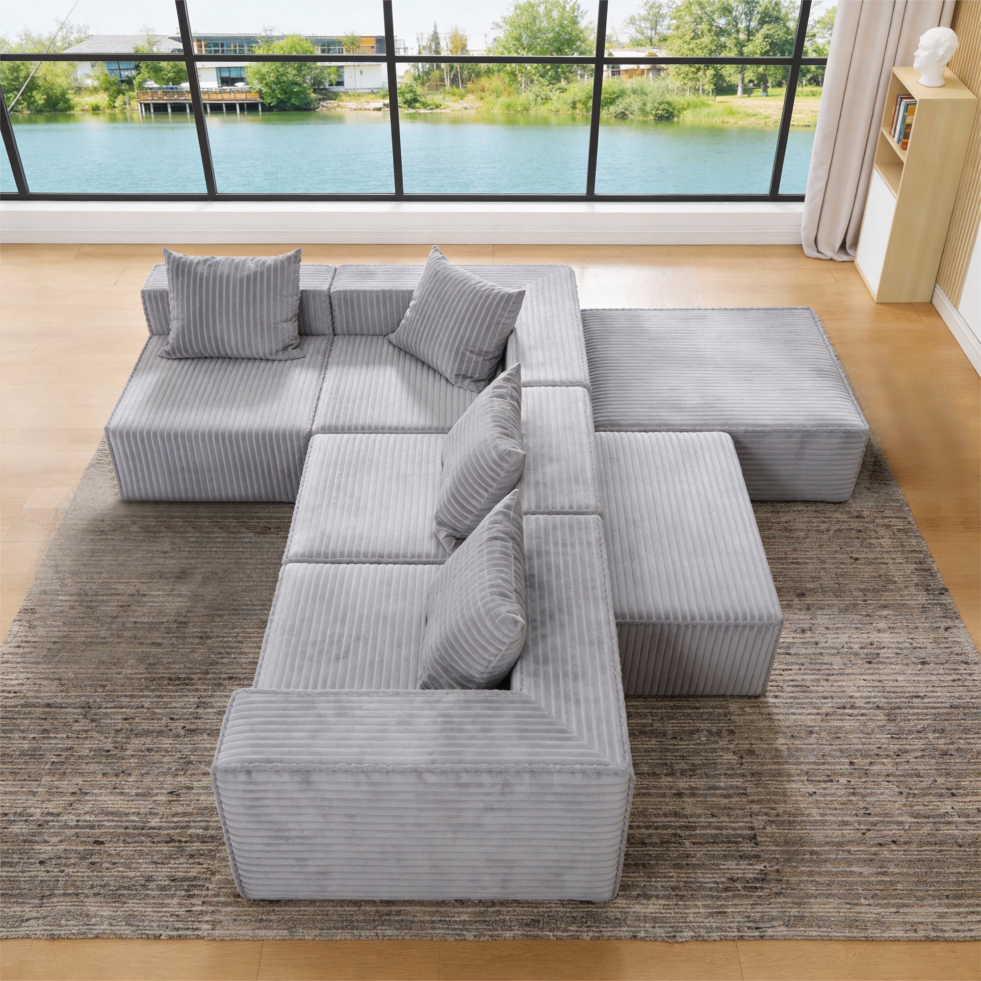 MOONMISS 4-Seat Modular Sofa Sectional with Oversized Chaise & Ottomans - Cloud Couch in Soft Corduroy Fabric for Small Spaces, Living Room, Apartment (Gray)