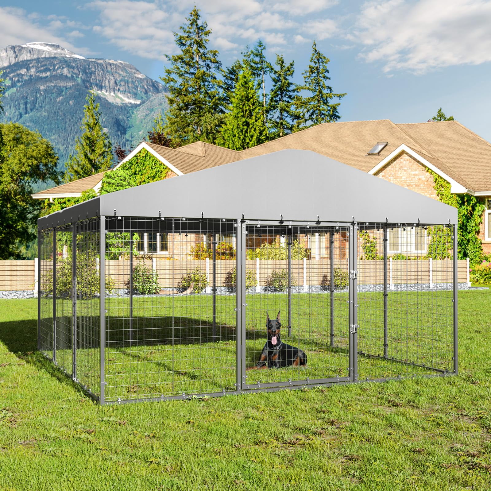 ALAULM Large Outdoor Dog Kennel: Heavy Duty, Galvanized Steel Panels with Roof, Double Safety Locks