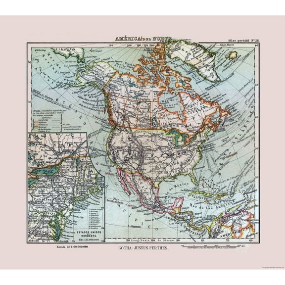 Historic Map - United States Mexico Canada - Perthes 1921 - 25.80 x 23 - Vintage Wall Art