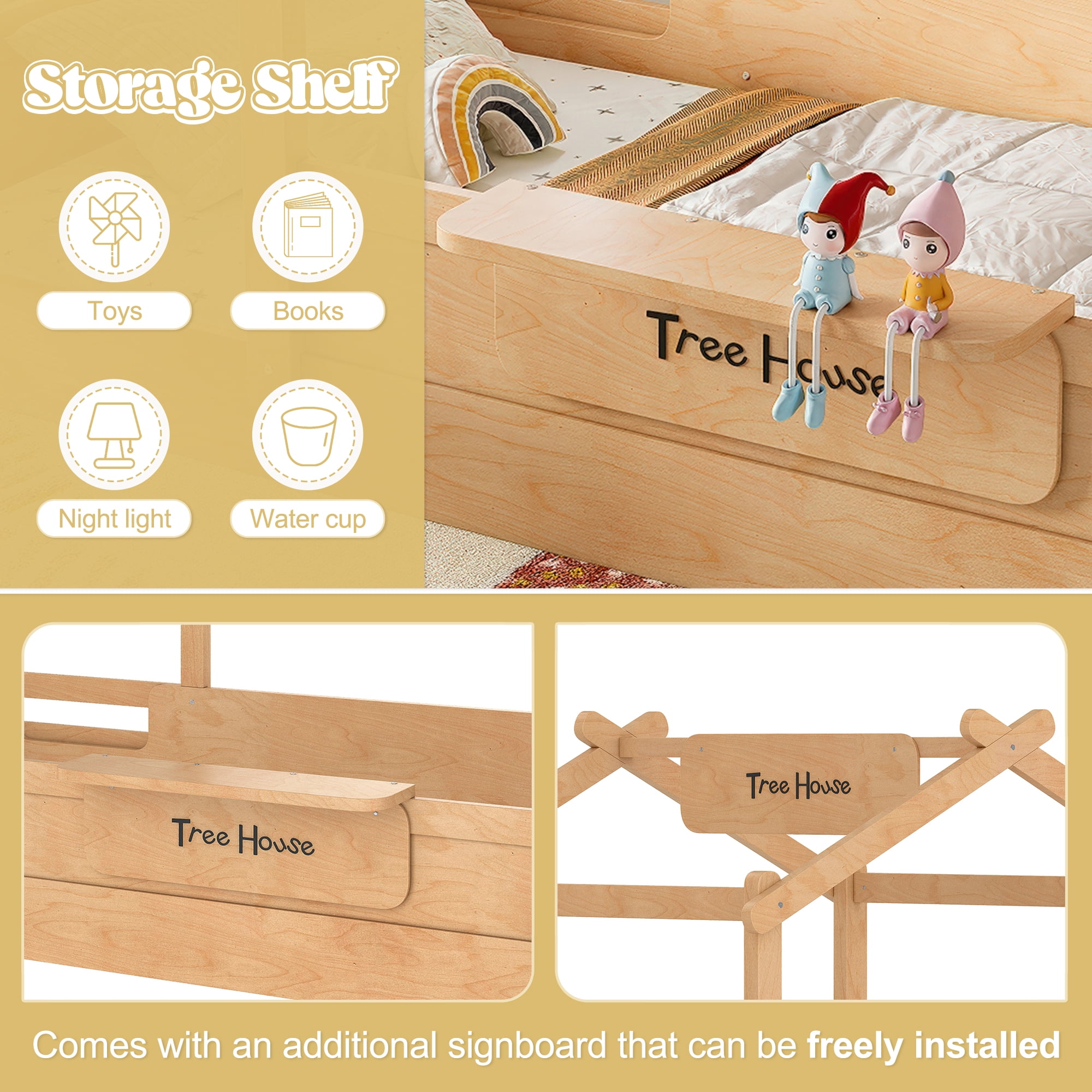 Mintazer Twin Montessori Floor Bed with Guardrails & Roof, Kids Wood House Floor Bed with Tray & Personalized Signboard for Boys and Girls, Natural