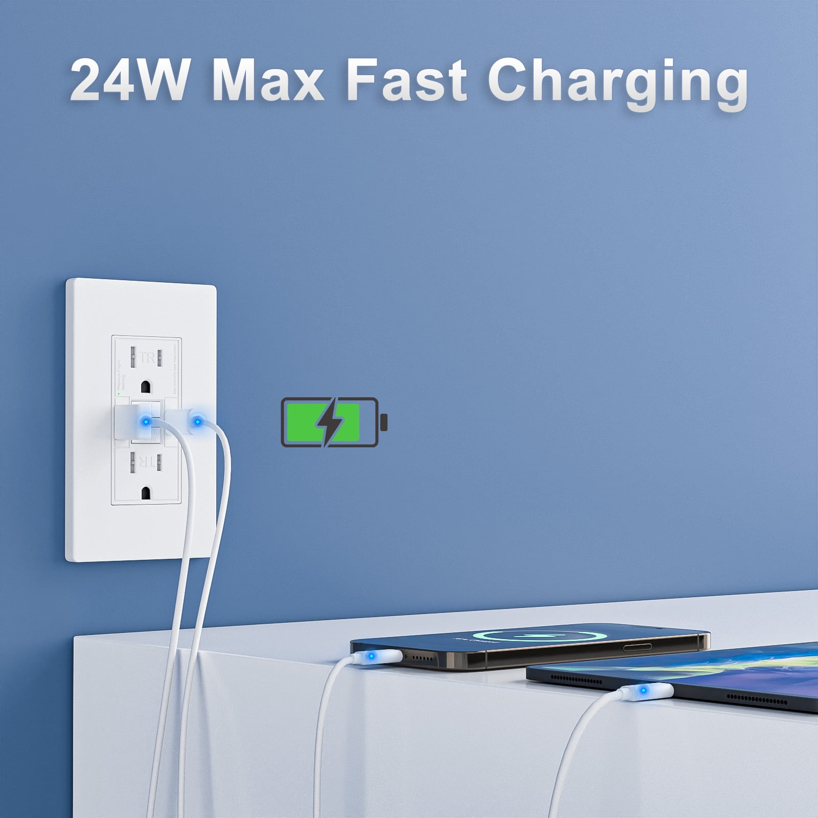 BRILLTECH 15AMP GFCI Outlet with 4.8A/24W Type A & Type C USB Charging Ports, Self-Test, Tamper Resistant, GFCI Receptacle Outlet, Screwless Wall Plate Include, ETL Listed, White
