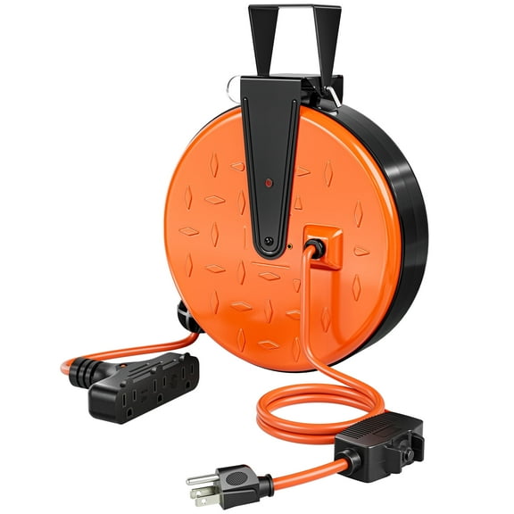 DEWENWILS 30FT Extension Cord Reel, 16/3 Gauge SJTW Power Cord, Retractable Cord Reel with 3 Outlets, Ceiling/Wall Mount for Garage, Workshop, 10A Circuit Breaker, Metal Plate, UL Listed, Orange