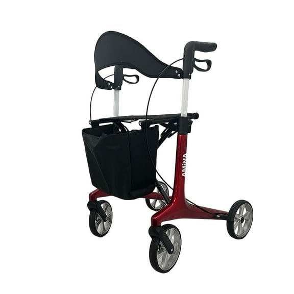 AMiNA Lightweight Carbon Fiber Rollator Walker with Seat, 440 lbs Capacity, Foldable Design, and Removable Basket – Stylish and Durable Mobility Aid (Red)