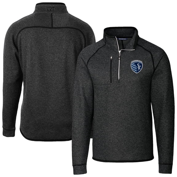 Men's-Cutter & Buck  Heather Charcoal Sporting Kansas City Big & Tall Mainsail Sweater-Knit Half-Zip Pullover Top