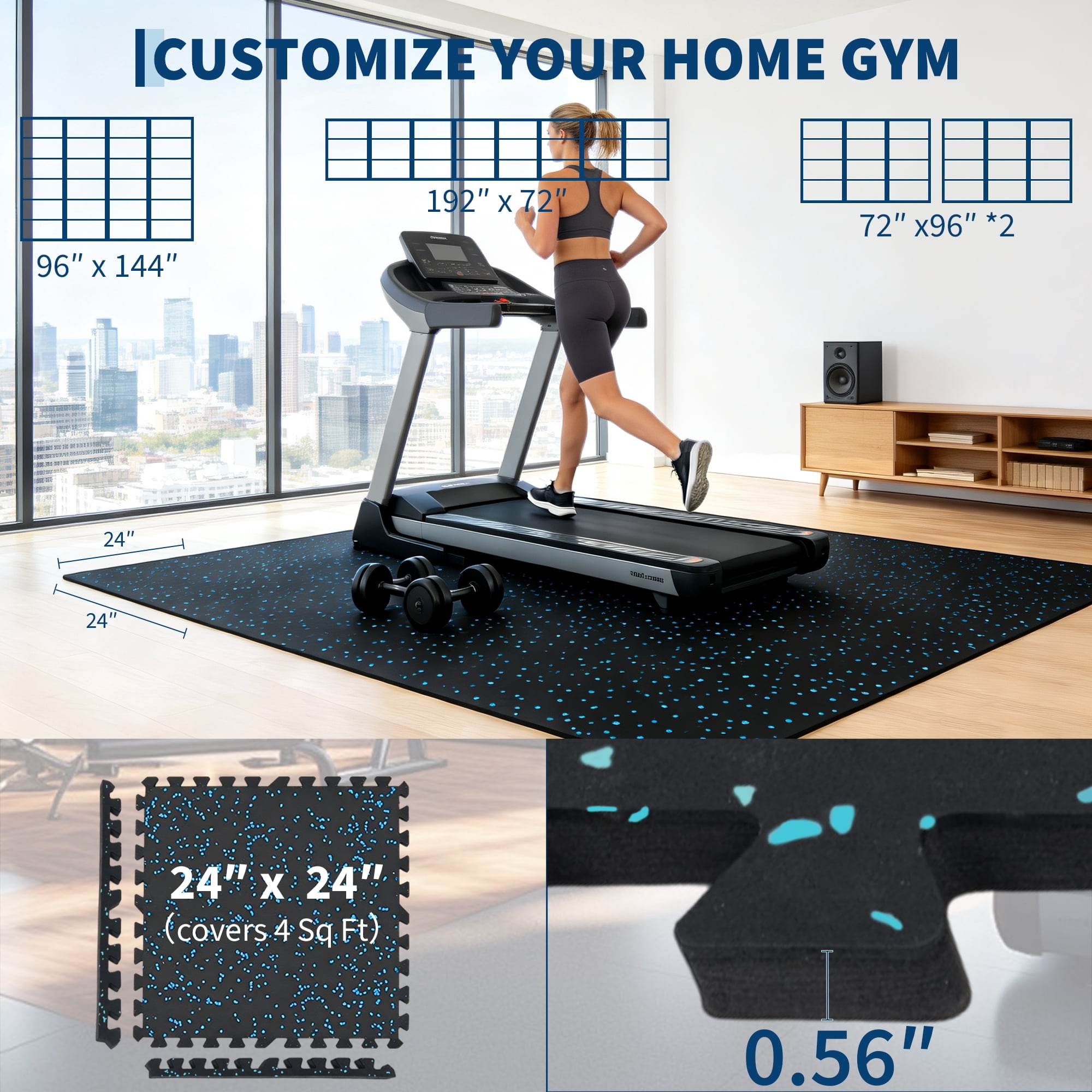 Garvee 12 Pcs 48 Sq ft Exercise Equipment Mats 0.56'' Thick,Interlocking Rubber Gym Flooring Mats,High-Density EVA Foam, Waterproof Non-Slip Exercise Mats for Home Gym & Workout Room, Black/Blue
