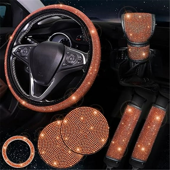 7-Pack Bling Car Accessories Set - Orange Steering Wheel Cover (15 inch), Crystal Rhinestone Diamond Seat Belt Cushion, Shift Knob Cover, Push to Start Ring, Cup Coaster