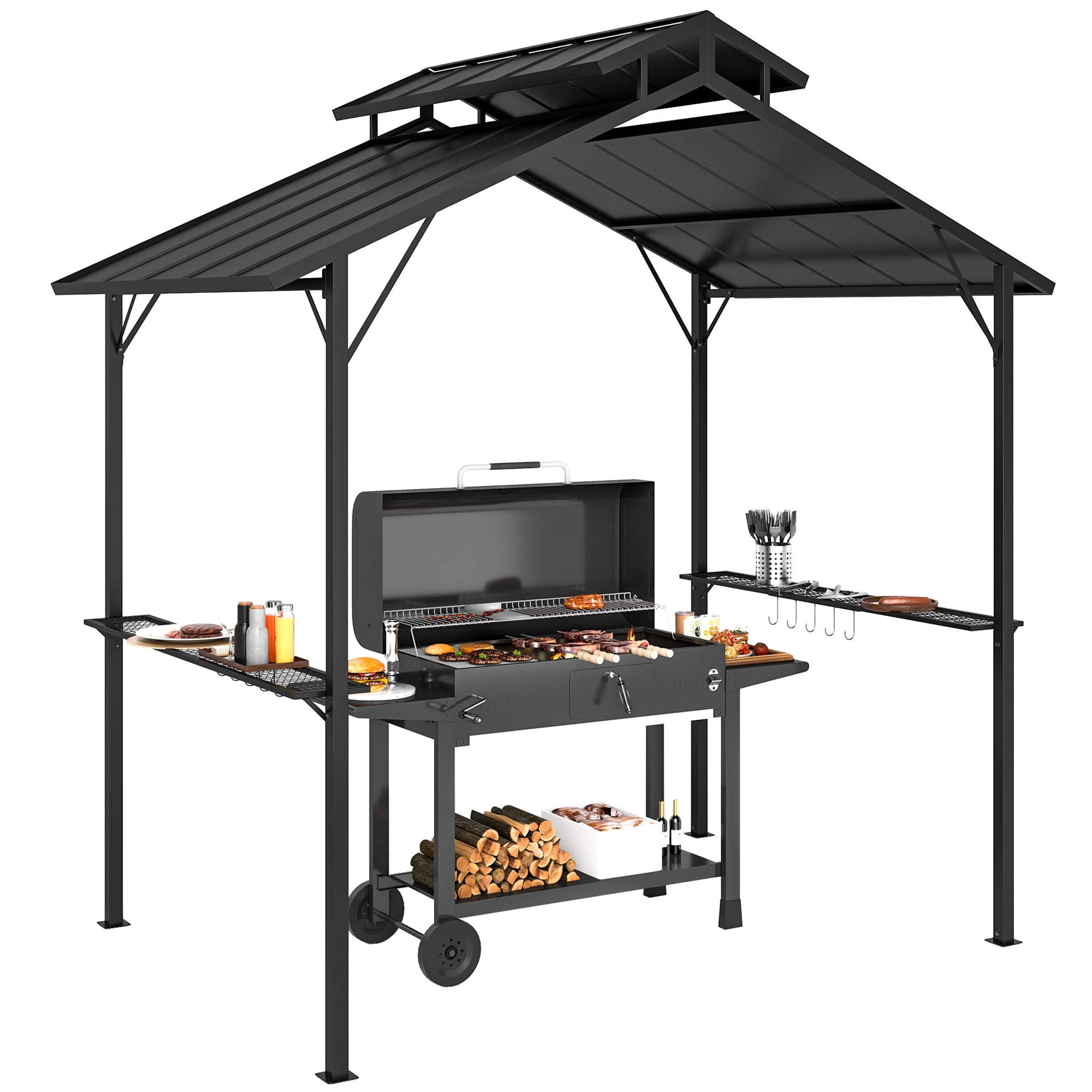Outsunny 8 x 5ft Hardtop Grill Gazebo, Outdoor BBQ Gazebo with Double Metal Roof, 2 Side Shelves and 10 Hooks for Patio Backyard Lawn Deck