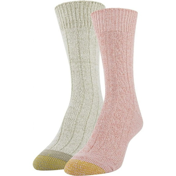 GOLDTOE® Women's Recycled Soft Cable Crew Socks, Bright Coral, Khaki Marl, Shoe Size: 6-9