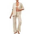 thumbnail image 2 of pstuiky 2 Piece Sets for Women Fashion Solid Color Breathable Pajama Sets with Pants Summer Loose Fit Collared Short Sleeve Sleepwear Beige M, 2 of 8