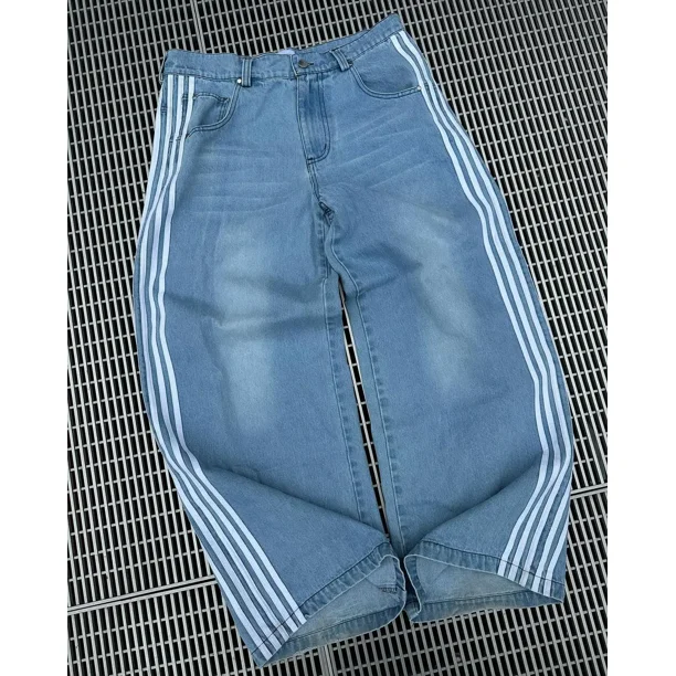 Classic Side Stripe Baggy Jeans Y2k High Waisted Wash Blue Women