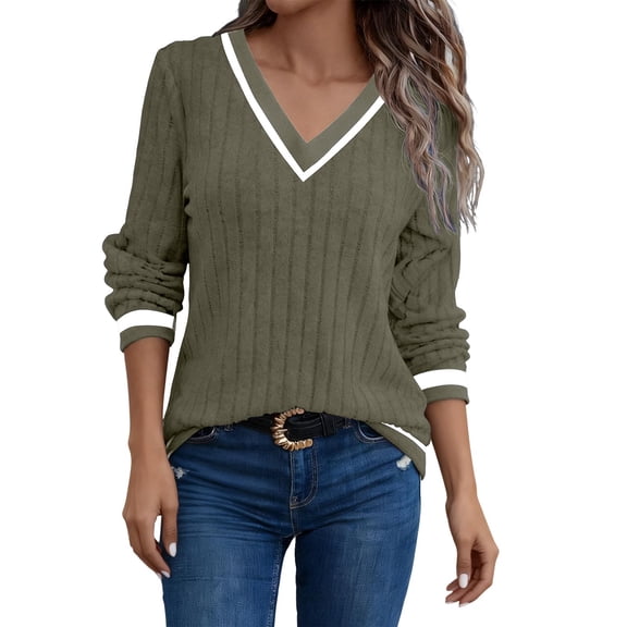 LEBONYARD Women's Trendy V-Neck Groove Striped Lightweight Fleece Solid Colored Long Sleeve Casual Loose Warm Fit Knitted Pullover Base Layer Sweaters