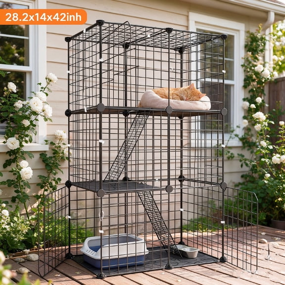 Zorpupoa 3 Tier Metal Cat Cage Indoor House Detachable Kitten House Cat Exercise Place for 1-2 Small Medium Cats Blackwith 3 Doors and 2 Ladders, Black