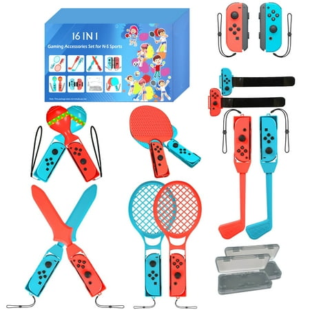 Gytobytle 16in1 Switch Sports Games Accessories Bundle Pack for Switch with Tennis Rackets, Golf Clubs, Chambara Swords, Soccer Leg Straps, Ping Pong Paddles, Samba Sand Hammers-Game Cartridge Case
