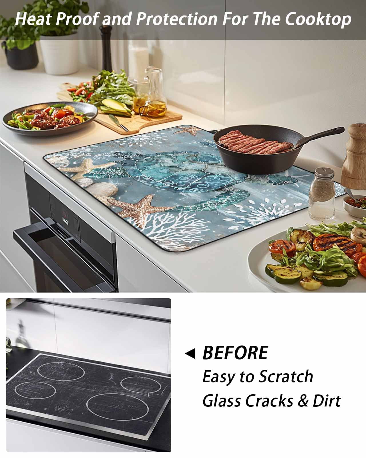 Stove Top Covers for Electric Stove, Blue Turtle Coastal Glass Stovetop Cover Protector, Summer Beach Ocean Starfish Coral Induction Cooktop Protector Oven Mat for Kitchen Countertop 24"x21"