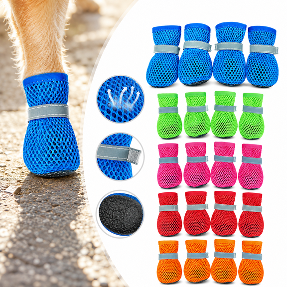 Dog Summer Boots, 4-Pack Breathable Mesh Dog Shoes with Anti-Slip Soft Rubber Sole, Reflective Adjustable Paw Protectors, Blue, L