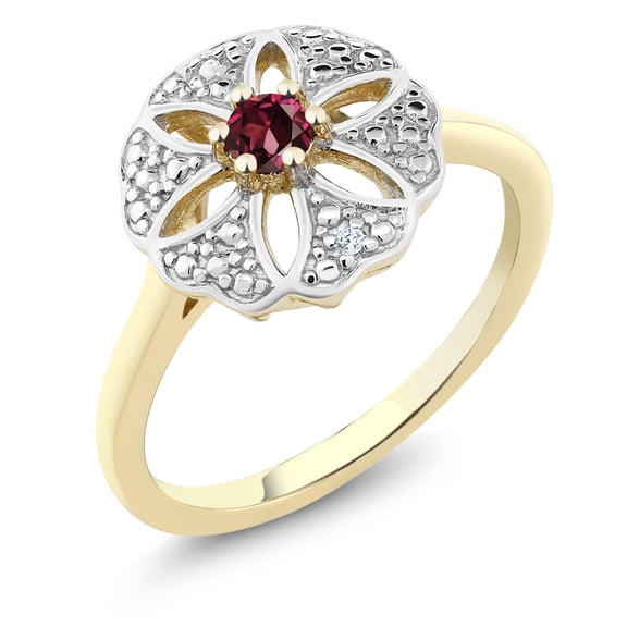 Gem Stone King 18K Yellow Gold Plated Silver Red Rhodolite Garnet and I Diamond Engagement Ring for Women | 0.12 Cttw | Round 3MM | Gemstone January Birthstone | Size 6