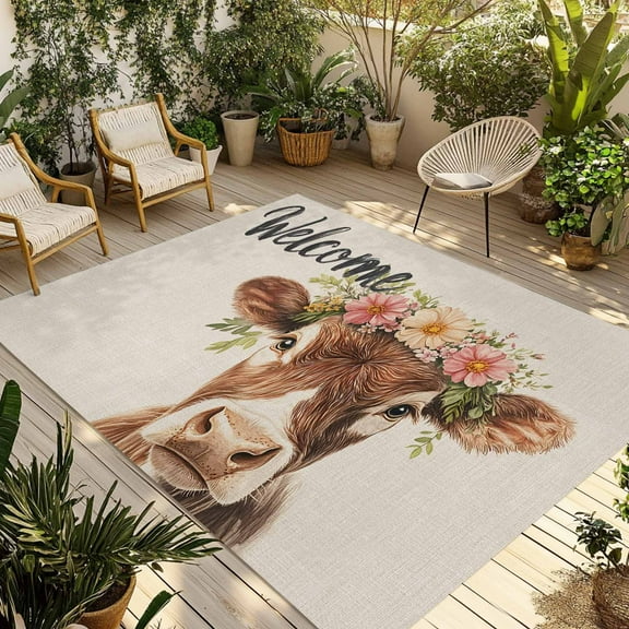 Fsddascl Cow Flower Garland Outdoor Rug for Patio/Deck/Porch, Non-Slip Large Area Rug 4 x 6 Ft, Farm Animal Cottagecore Blooms Floral Indoor Outdoor Rugs Washable Area Rugs, Camping Rug Carpet