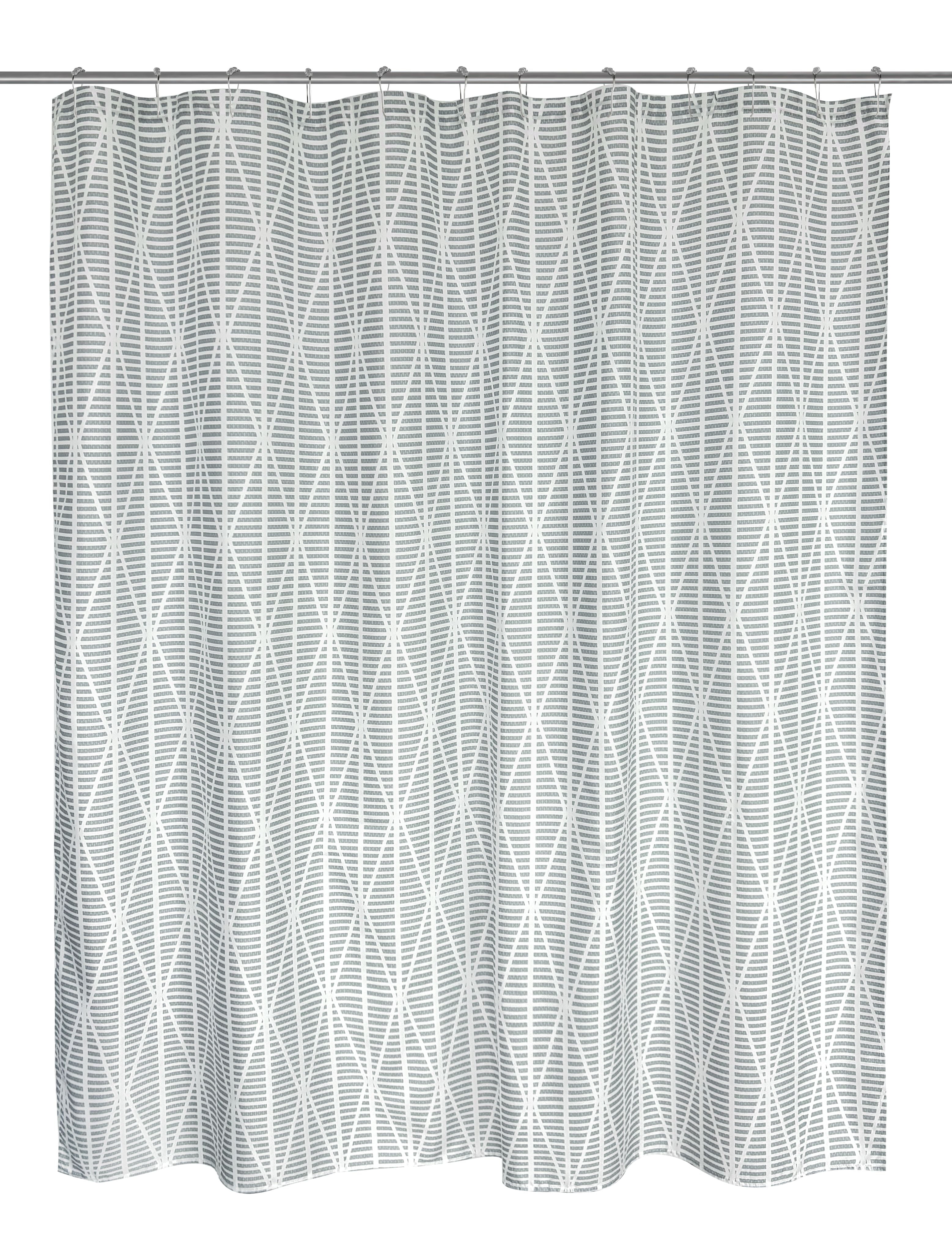 Mainstays 16-Piece Grey Diamond Geo Shower Curtain Bathroom Set – Fabric Curtain with Rug, Hooks, Soap Dispenser & Tray