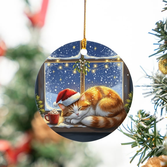 ViciArt Tabby Cat Christmas Ornament, Ceramic, 3" Round, Holiday Decor, Window Scene, Santa Hat