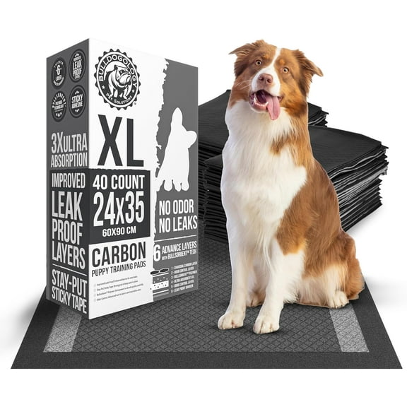 Bulldogology Carbon Black Puppy Pee Pads with Adhesive Sticky Tape - Extra Large Charcoal Housebreaking Dog Training Wee Pads (24x35) 6 Layers with Extra Quick-Dry Bullsorbent Polymer (40-Count)