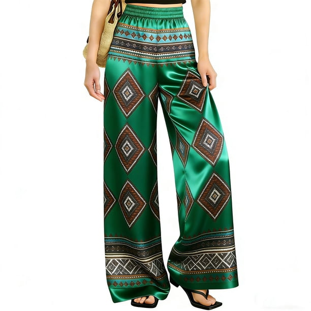 Pantalones Elásticos Estampados de Satén para Mujeres, Cintura Elástica con Bolsillos, Pantalones Casuales Elegantes para Vacaciones Y Fiesta