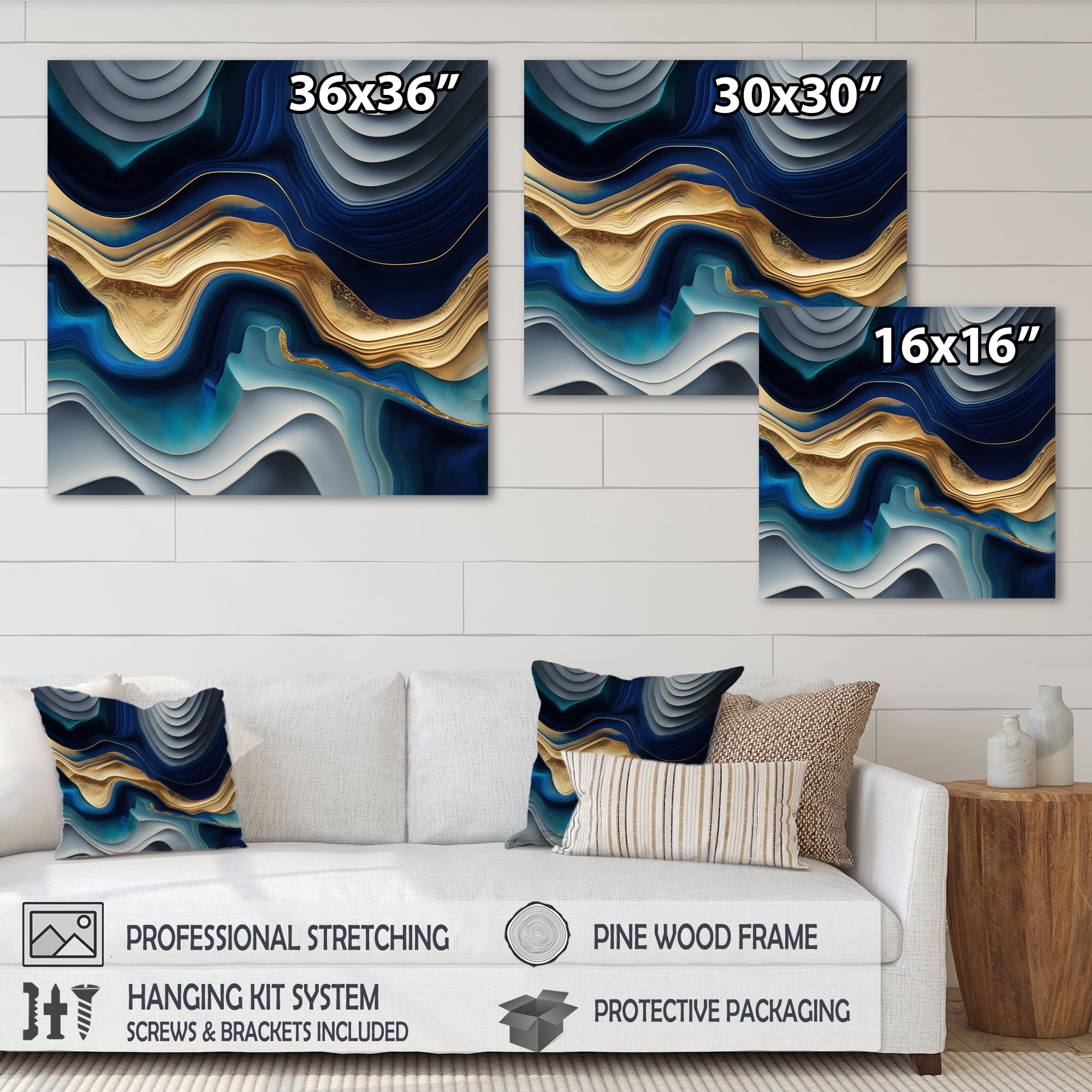 Designart Vibrant Blue And Gold Agate I Canvas Wall Art