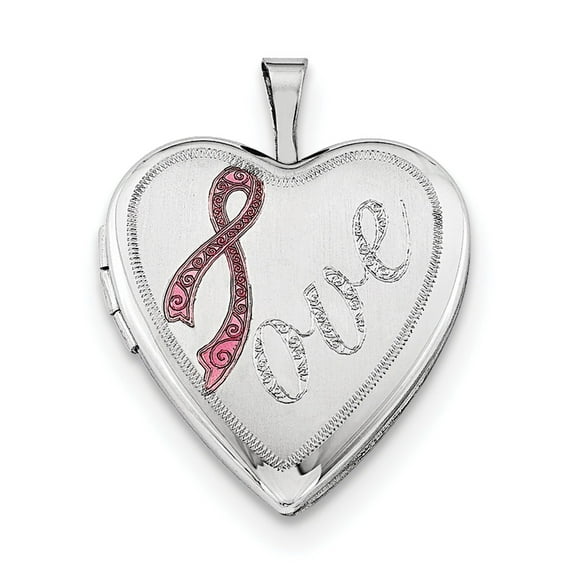 Sterling Silver Rhodium-Plated 20mm Satin Pink Ribbon Love Heart Locket (24 X 20) Made In Hong Kong qls392